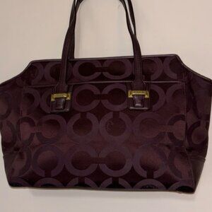 Coach Signature Jacquard Tote Burgundy Leather Trim Brass Hardware